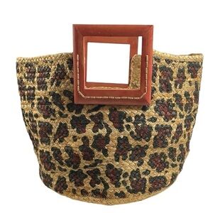Stylish Alba Jute Tote Bag with Wooden Handles Leopard Print